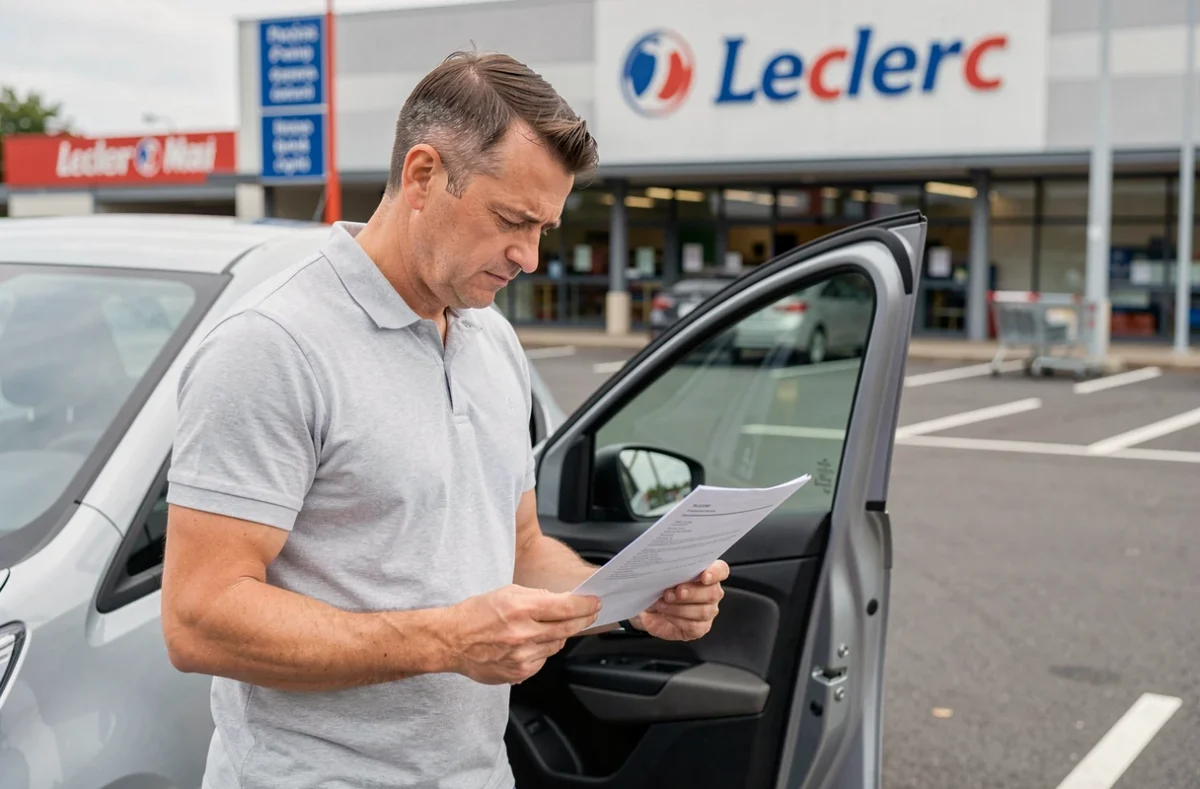 Homme examinant un contrat de location de voiture mensuelle Leclerc dans un parking de supermarché