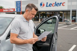 Homme examinant un contrat de location de voiture mensuelle Leclerc dans un parking de supermarché