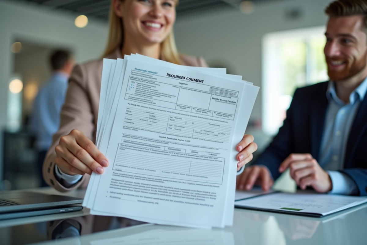 Mains tenant des documents devant un guichet administratif moderne
