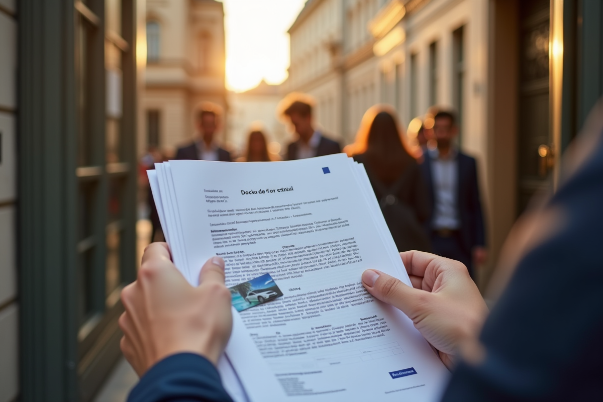 Mains tenant documents de voiture devant mairie en plein jour