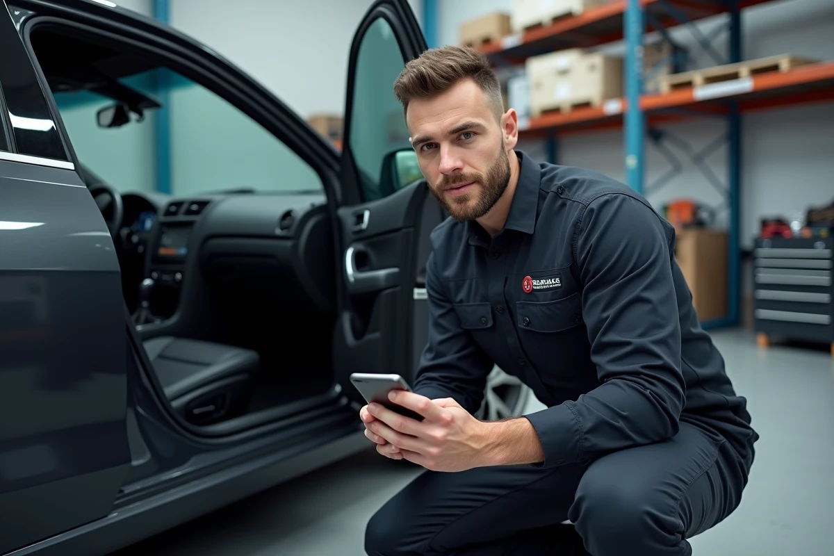 Mécanicien consultant un site de récupération de code autoradio sur smartphone dans un atelier automobile