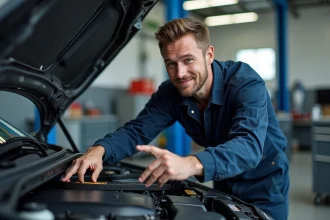 Mécanicien automobile inspectant une courroie de distribution dans un atelier de réparation professionnel