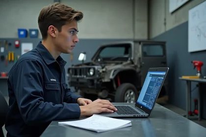 Mécanicien débutant apprenant à utiliser New Dialogys Renault sur un ordinateur portable dans un atelier automobile