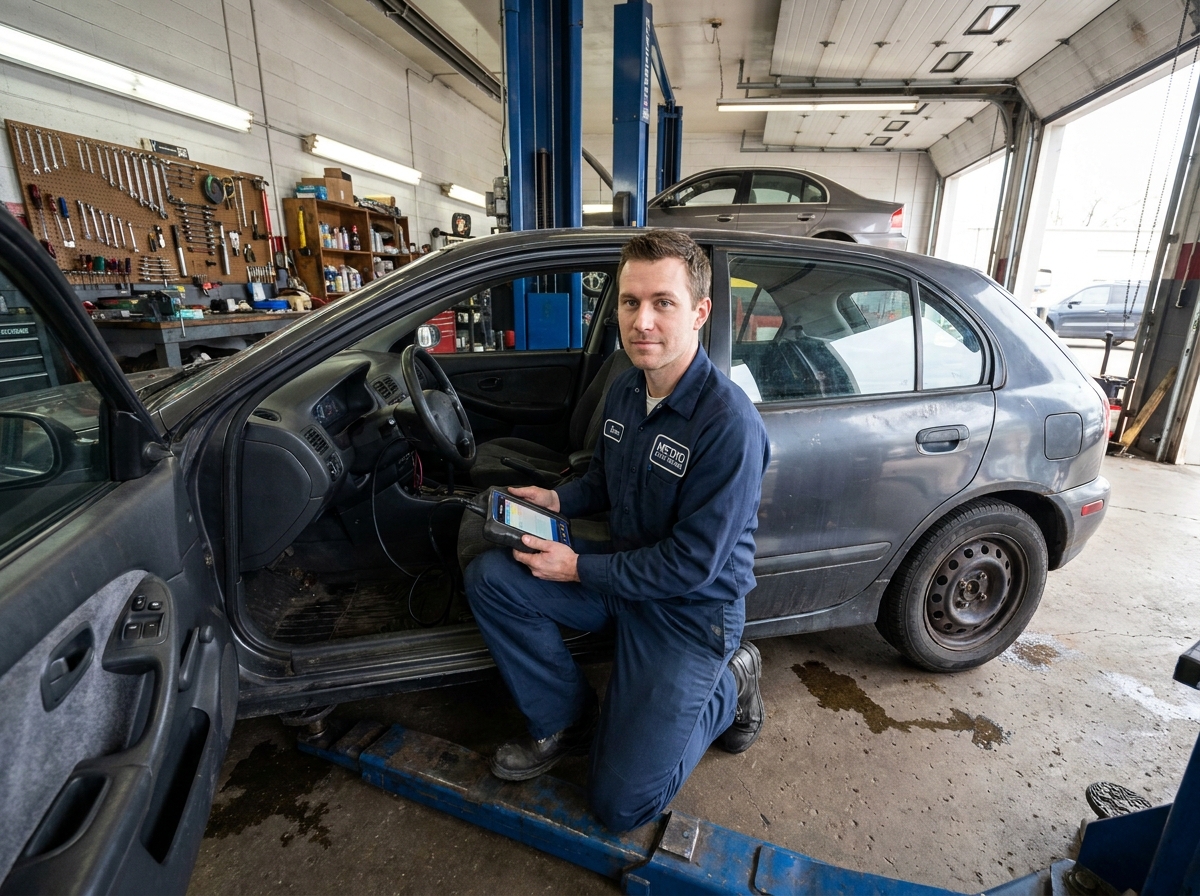 Mécanicien professionnel utilisant un scanner de diagnostic OBD sur une vieille voiture sur un pont élévateur dans un garage automobile