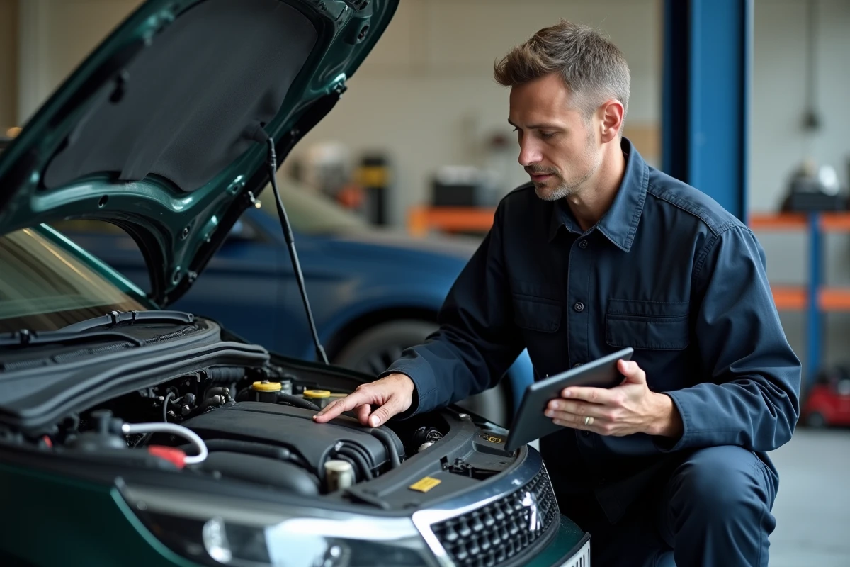 Mécanicien diagnostiquant une Peugeot avec un voyant orange allumé dans un garage automobile