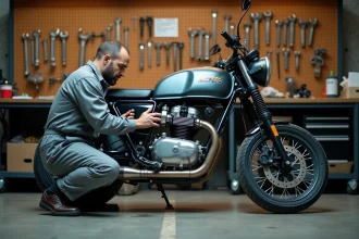 Mécanicien inspectant le moteur d'un Renault R7 A2 dans un atelier de moto indépendant