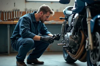 Mécanicien inspectant le moteur d'une moto avec un rapport engagé trop court lors d'une montée, risque de saisissement moteur