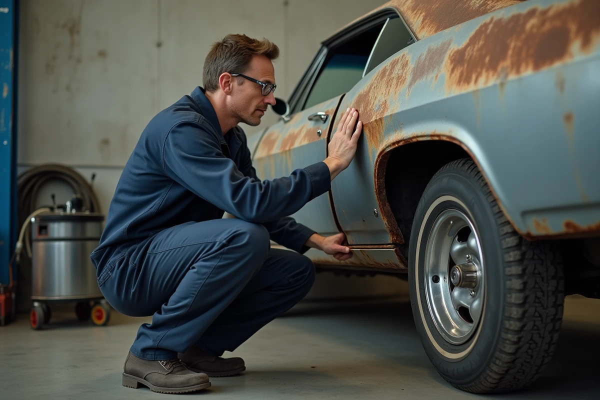 Mécanicien inspectant la rouille sur l'aile arrière d'une Chevrolet Impala 1967 dans un atelier de carrosserie