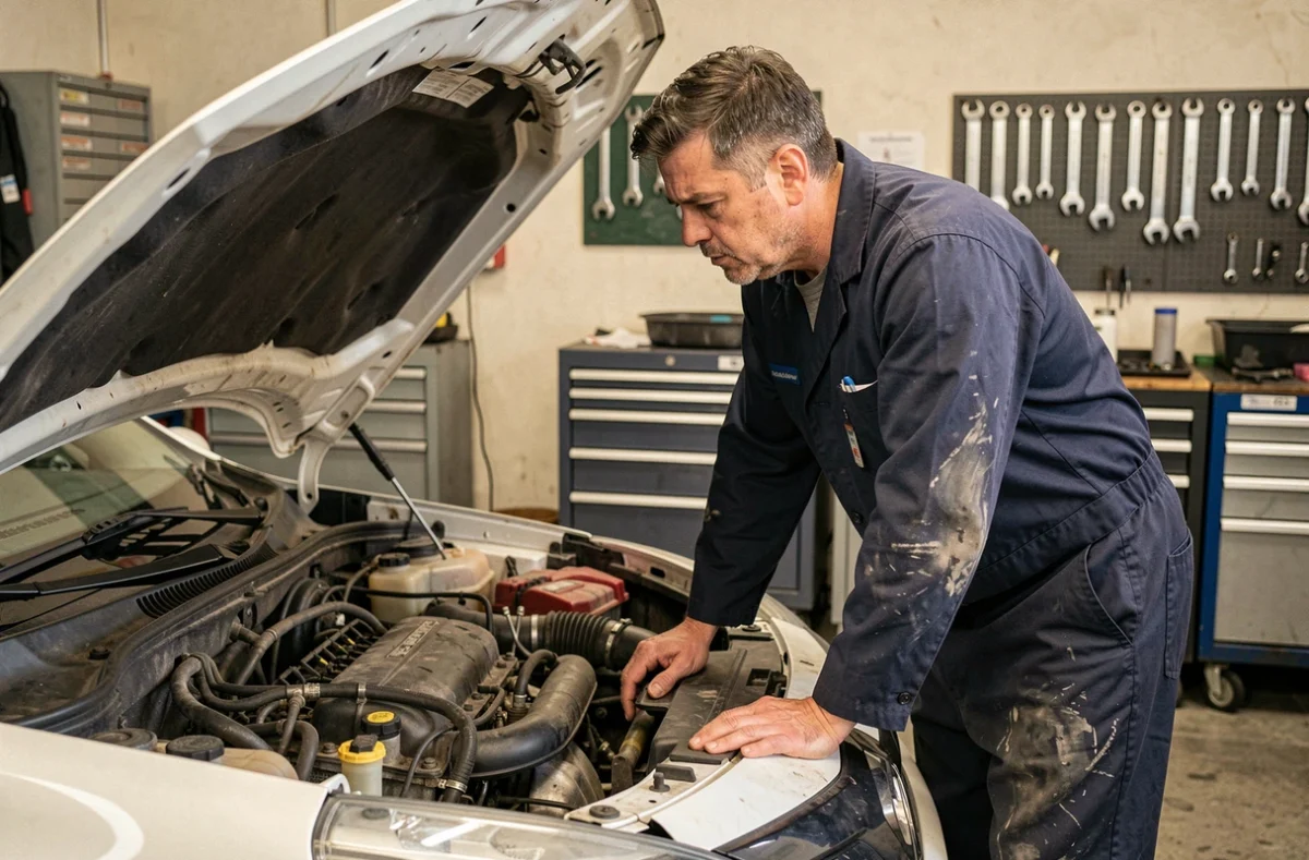 Mécanicien inspectant le moteur essence d'une Renault dans un garage professionnel