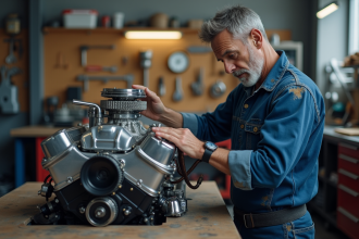 Mécanicien homme examinant un moteur de voiture restauré