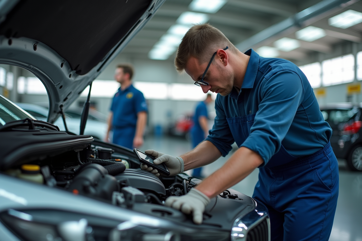 Mecanicien en overalls inspectant le moteur d une voiture
