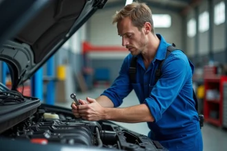 Mécanicien homme en overalls bleus travaillant sur un moteur moderne