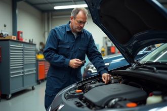 Mécanicien inspectant le moteur d'une Renault 1,5 dCi dans un garage