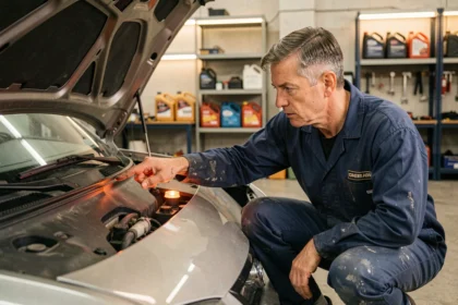 Mécanicien en combinaison pointant le voyant d'huile allumé sur le tableau de bord d'une voiture dans un garage