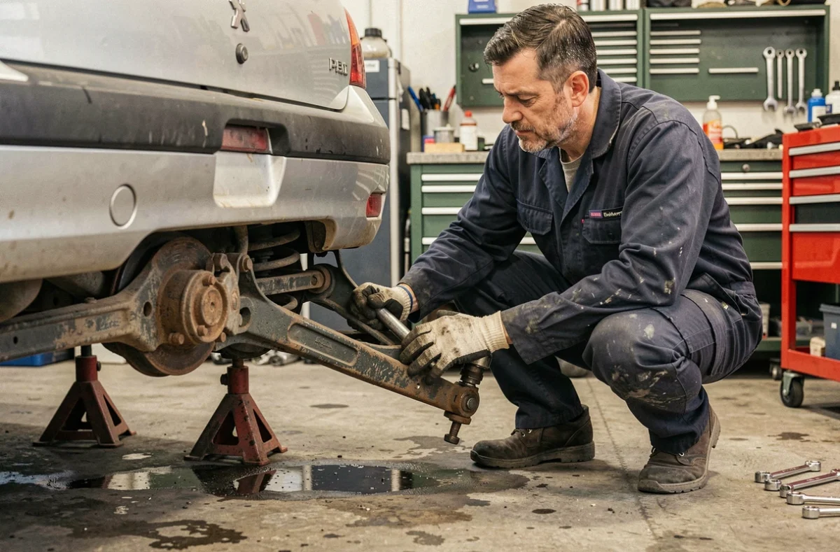 Mécanicien professionnel inspectant le train arrière d'une Peugeot 206 dans un garage automobile
