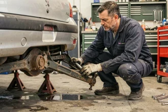Mécanicien professionnel inspectant le train arrière d'une Peugeot 206 dans un garage automobile
