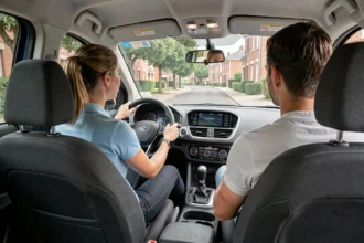 Élève conductrice et moniteur d'auto-école dans un véhicule double commande sur une route de l'Oise