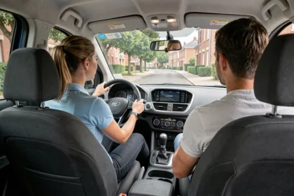 Élève conductrice et moniteur d'auto-école dans un véhicule double commande sur une route de l'Oise