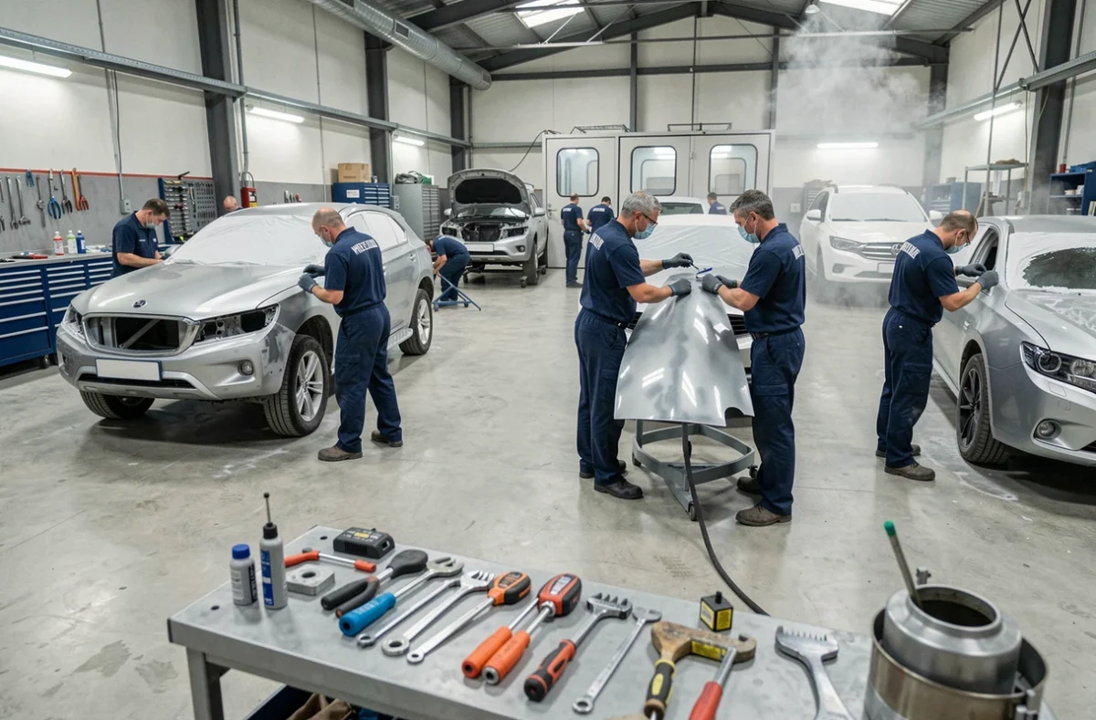 Atelier de carrosserie automobile professionnel en Gironde avec plusieurs véhicules en cours de réparation