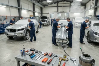 Atelier de carrosserie automobile professionnel en Gironde avec plusieurs véhicules en cours de réparation