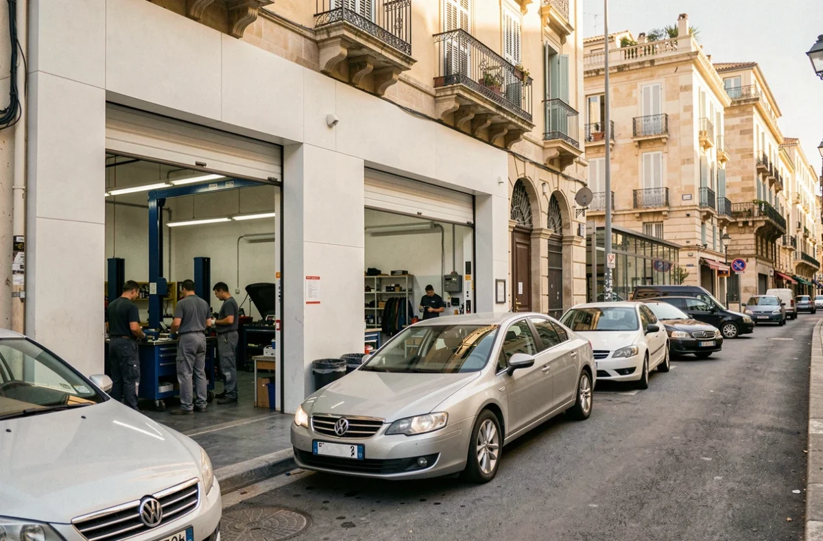 Vue d'ensemble d'un atelier de carrosserie à Marseille avec des véhicules en réparation et des mécaniciens au travail