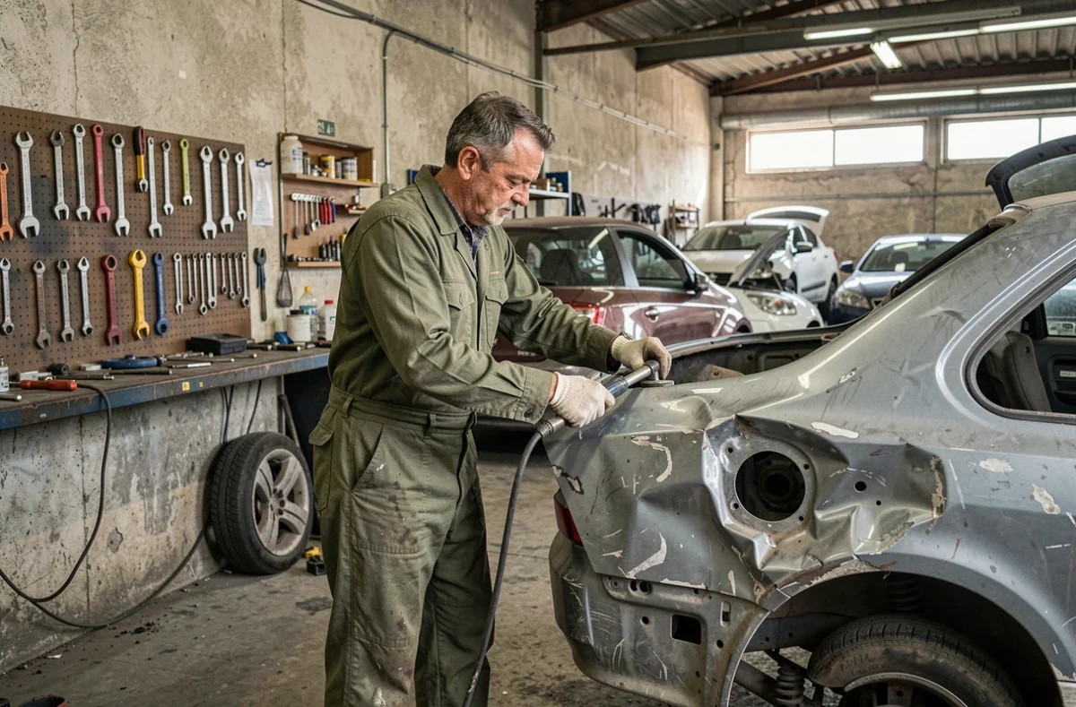Carrossier de MN Cars 13 redressant une aile arrière endommagée dans l'atelier du chemin de la Parette à Marseille