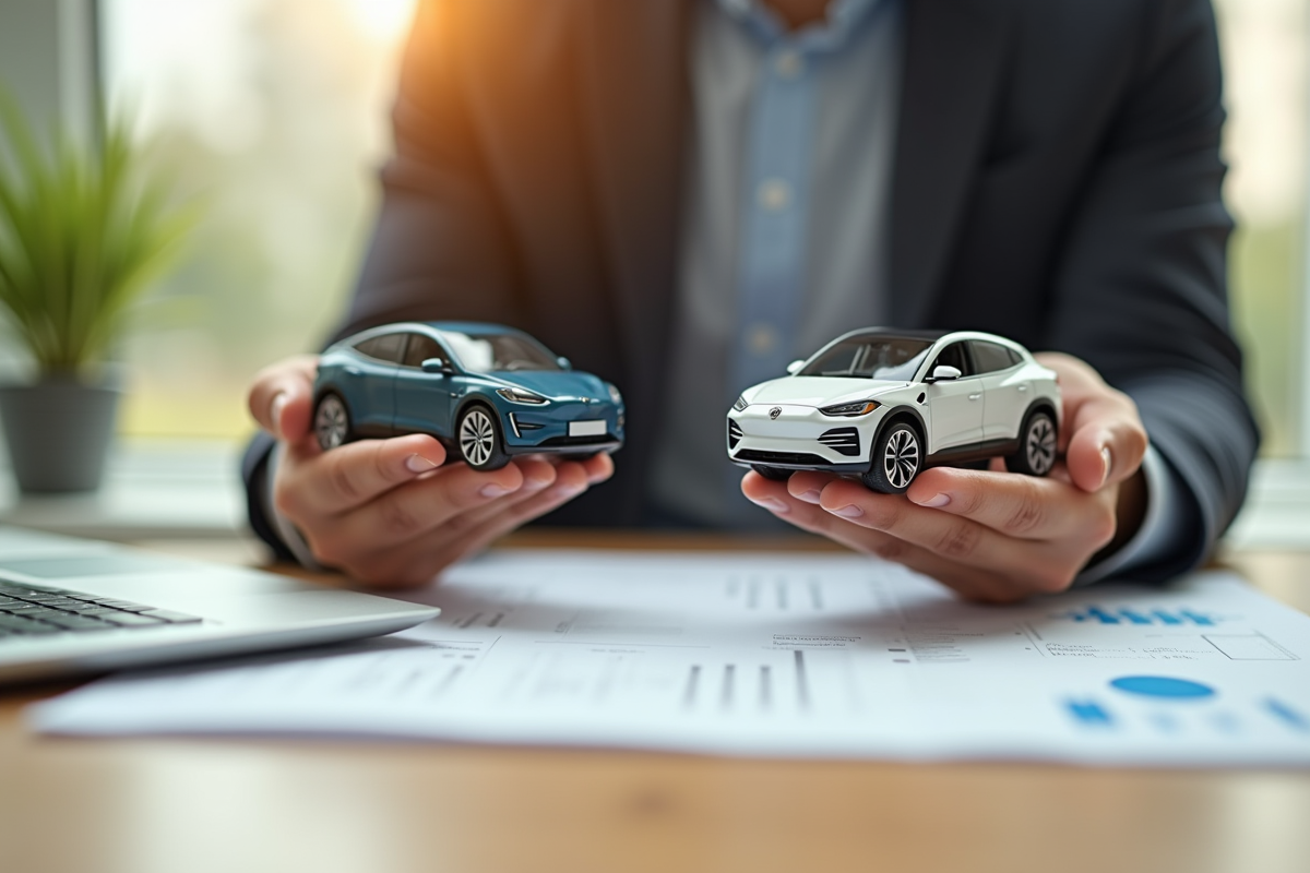 Personne tenant modeles de voitures electrique et hybride