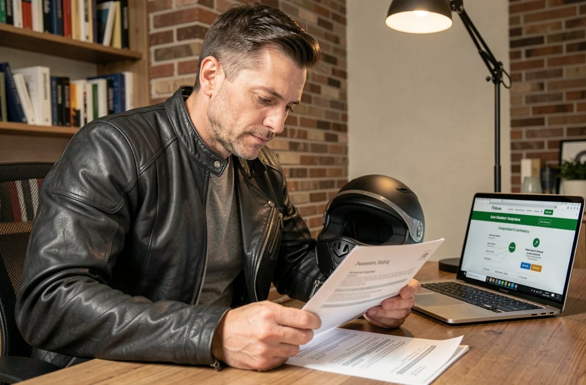 Motard en veste de cuir comparant des offres d'assurance moto sur des documents imprimés à son bureau