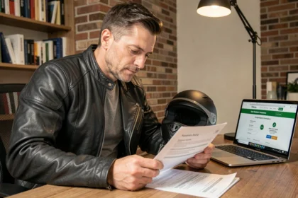 Motard en veste de cuir comparant des offres d'assurance moto sur des documents imprimés à son bureau