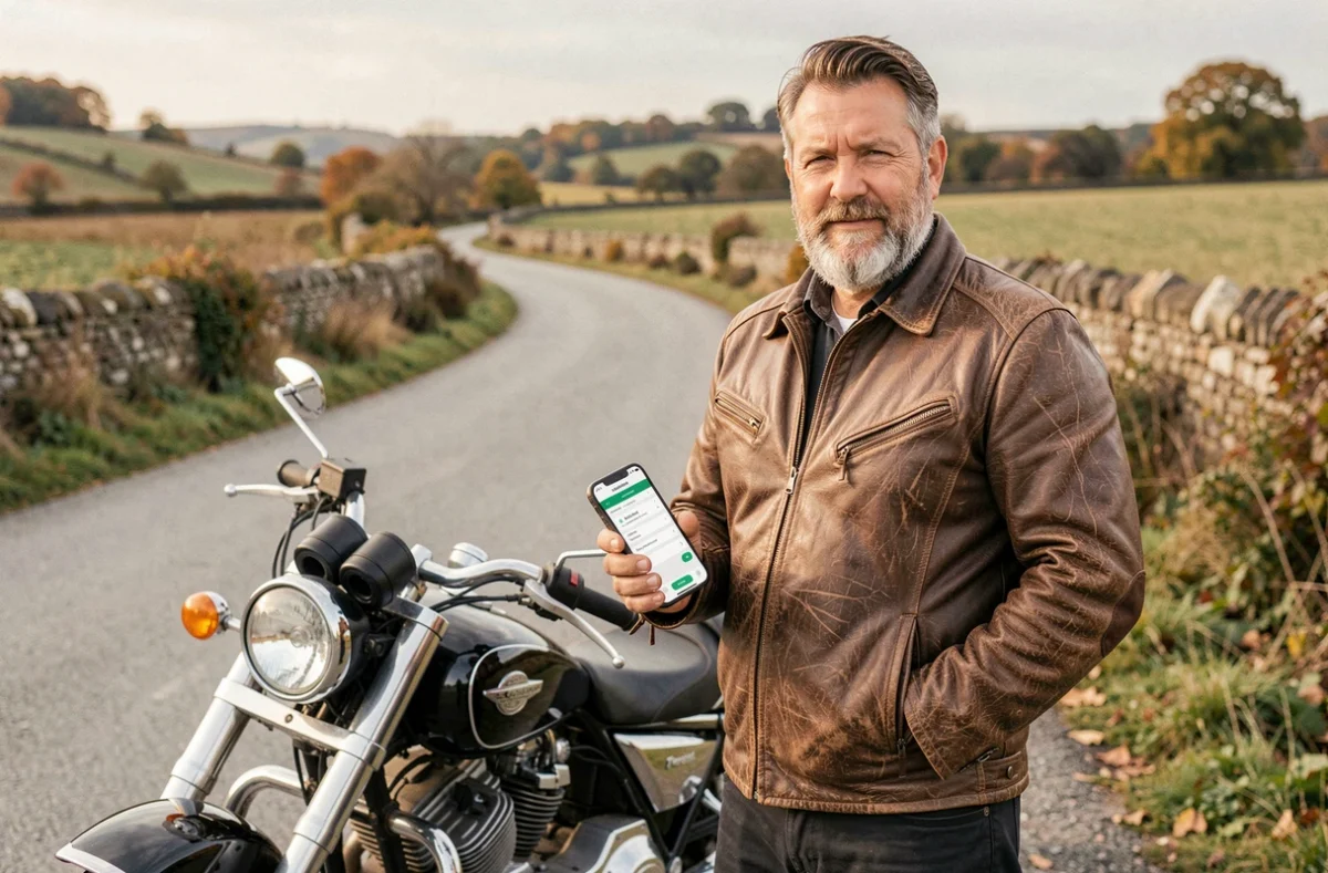 Motard expérimenté consultant une application de comparateur d'assurance moto en bord de route