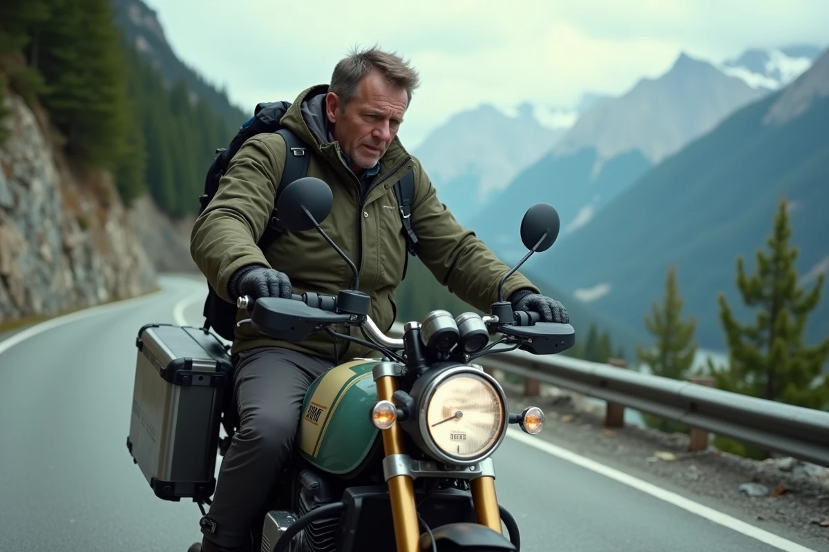 Motard en difficulté sur une route de montagne escarpée avec un rapport trop long engagé, risque de serrage moteur