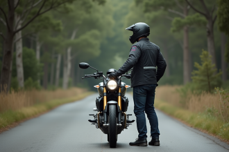 Motard en protection sur route rurale en V