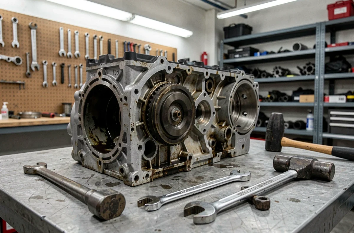 Détail du moteur diesel 1.5 BlueHDi 130 démonté sur un établi d'atelier mécanique