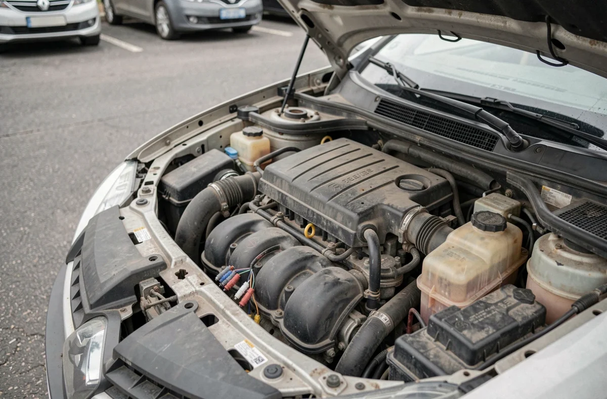 Moteur essence Renault ouvert révélant un problème mécanique avec un tuyau endommagé