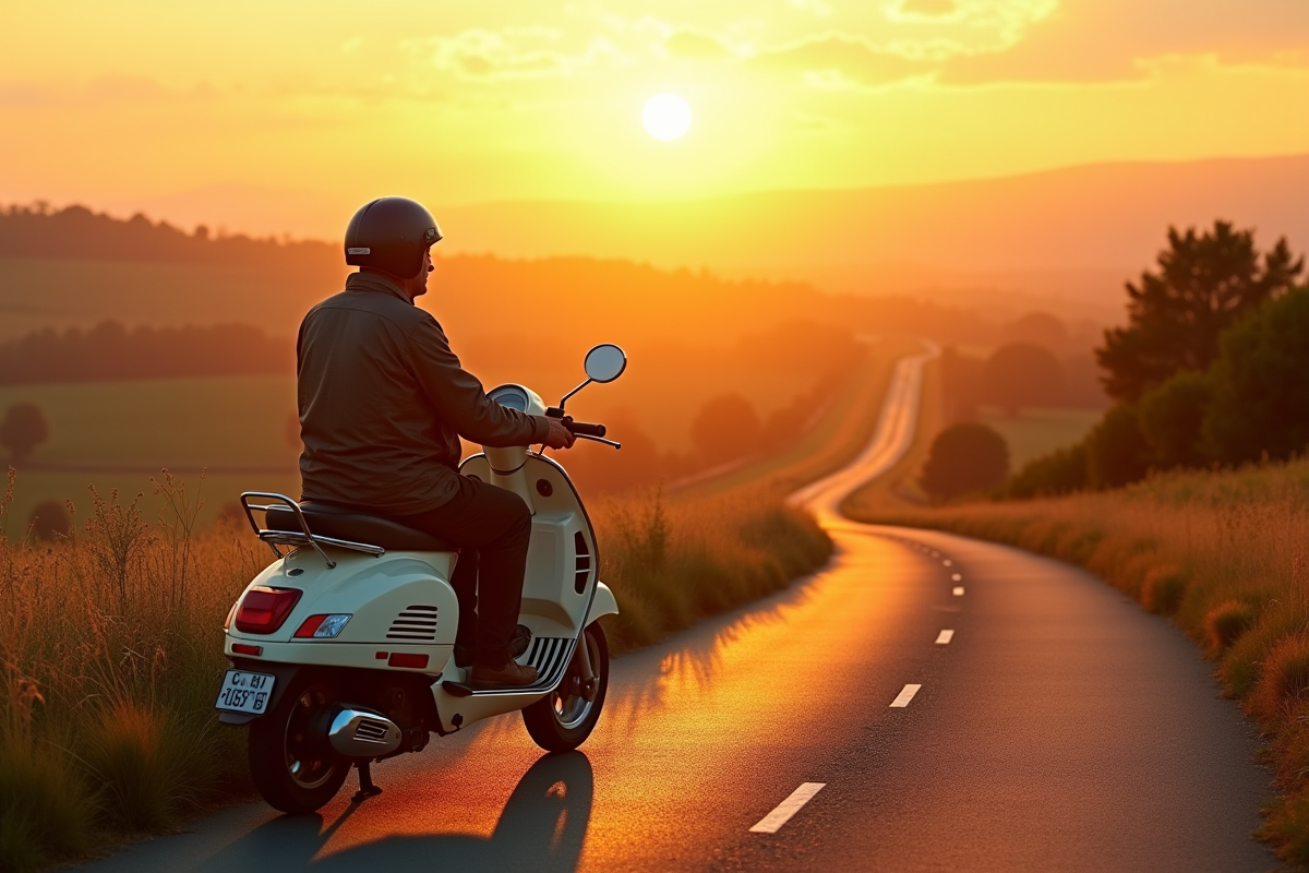 Scooter 125cc usé sur une route de campagne au coucher du soleil