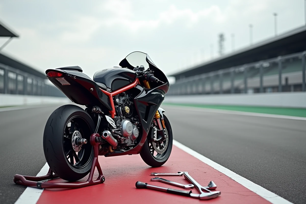 Moto 3.0 avec carénage démonté et outillage mécanique disposé sur le sol d'une pit lane de circuit pour préparation piste