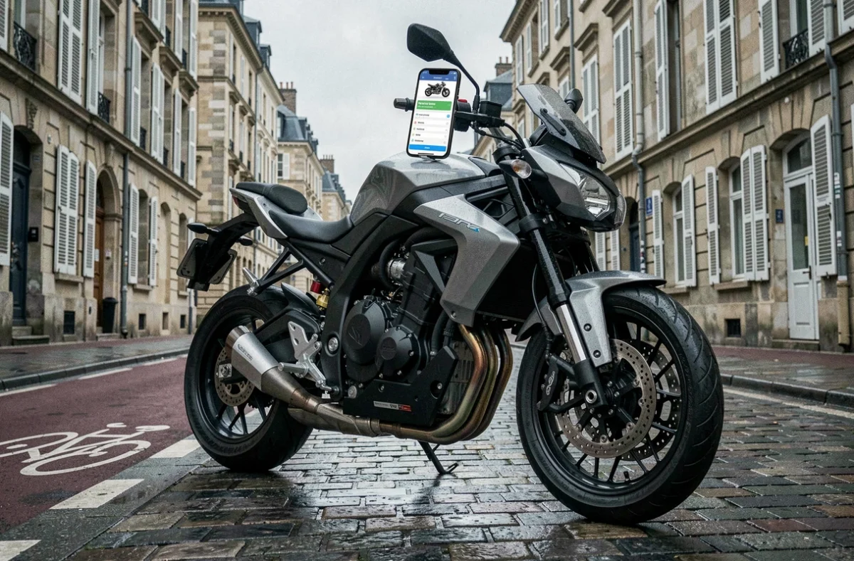 Moto garée dans une rue de Nantes avec application de comparaison d'assurance sur smartphone