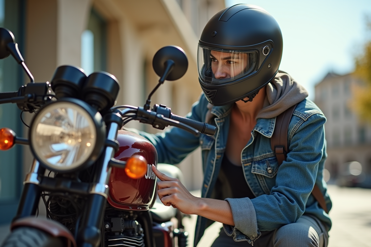 Motocycliste vérifiant son éclairage et miroir en extérieur ensoleille