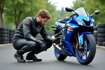 Motard v&eacute;rifiant le pneu d'une Suzuki GSX 600 R en ext&eacute;rieur