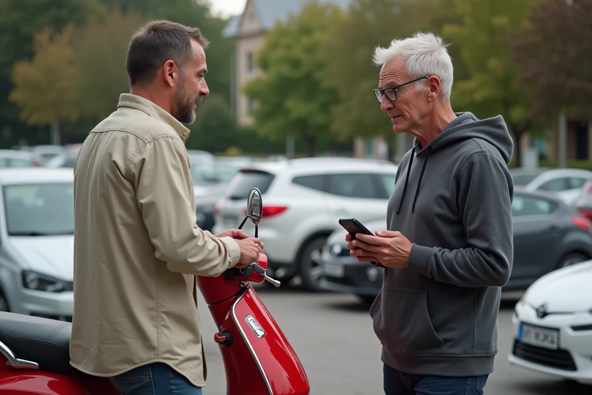 Deux hommes négociant le prix d'un scooter d'occasion en consultant l'argus sur smartphone