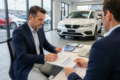 Un homme négocie le prix d'une Seat ATK neuve avec un vendeur dans une concession automobile en 2026