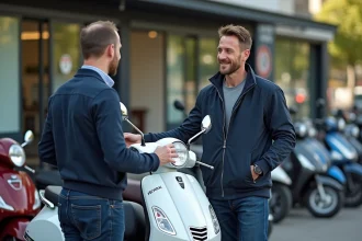 Homme discutant avec un concessionnaire de scooter en ville