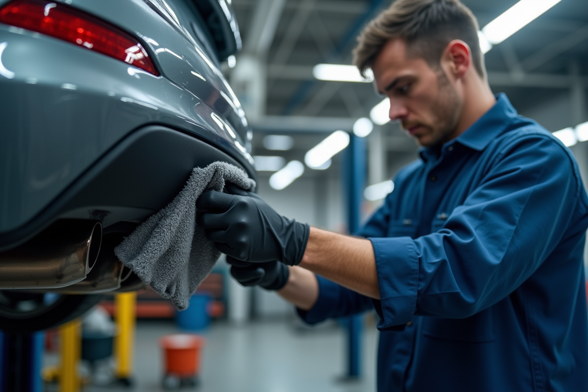 Technicien nettoyant un pot d échappement de voiture