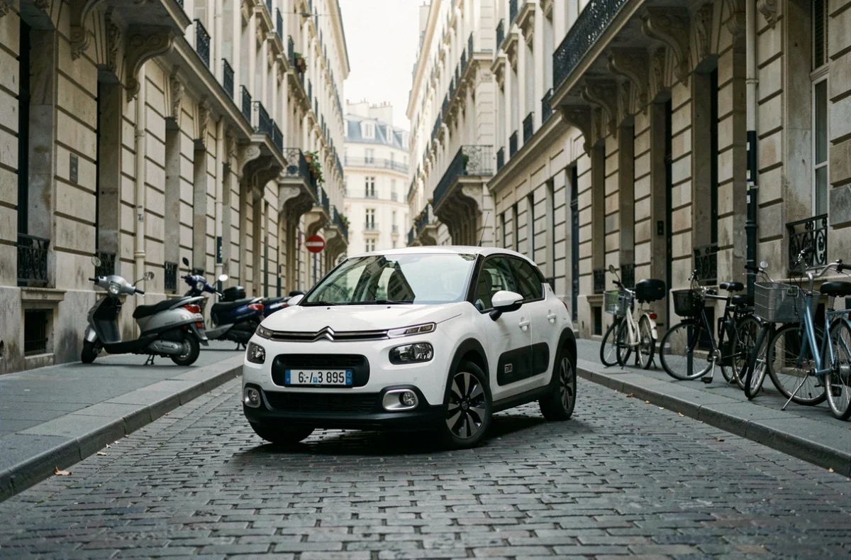Nouvelle Citroën C3 blanche effectuant un virage serré dans une rue pavée étroite d'une ville européenne