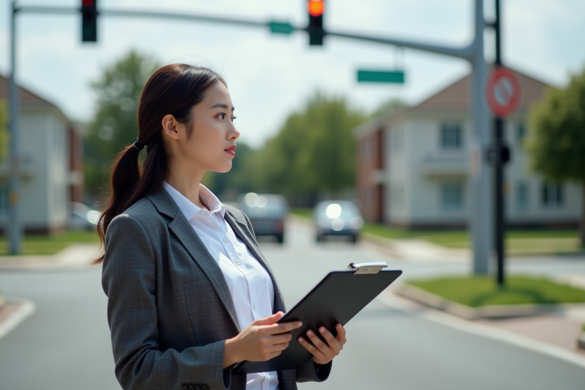 Jeune femme officielle observant un feu de circulation en banlieue