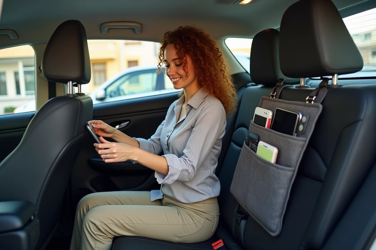 Femme installant un organisateur de siège dans l'habitacle d'un Toyota C-HR pour maximiser le rangement intérieur