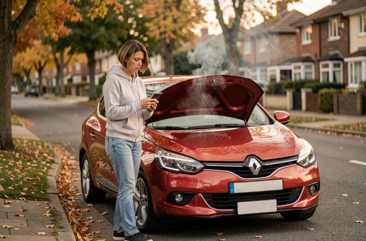 Femme inquiète consultant son téléphone lors d'une panne moteur essence sur une Renault Megane