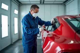 Hommes en combinaison bleue peignant une voiture dans un atelier propre