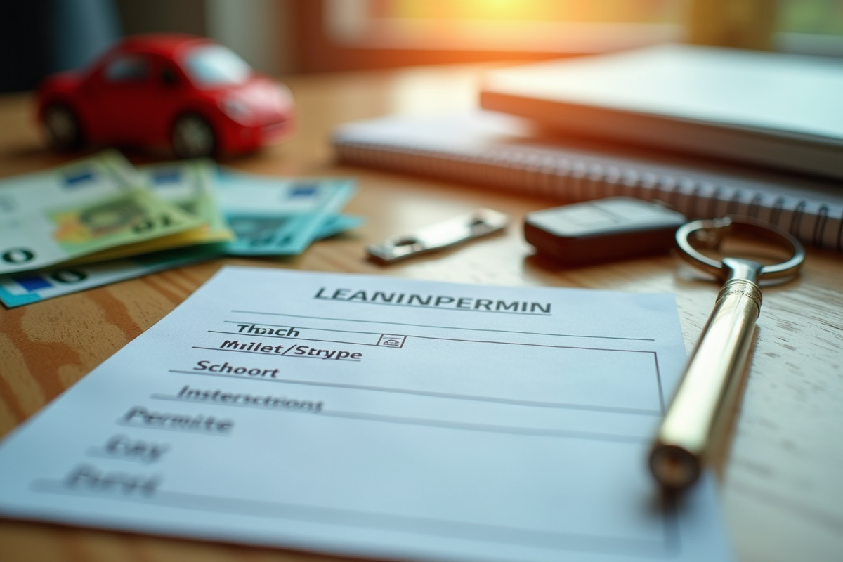 Permis de conduire clés et billets sur une table en bois
