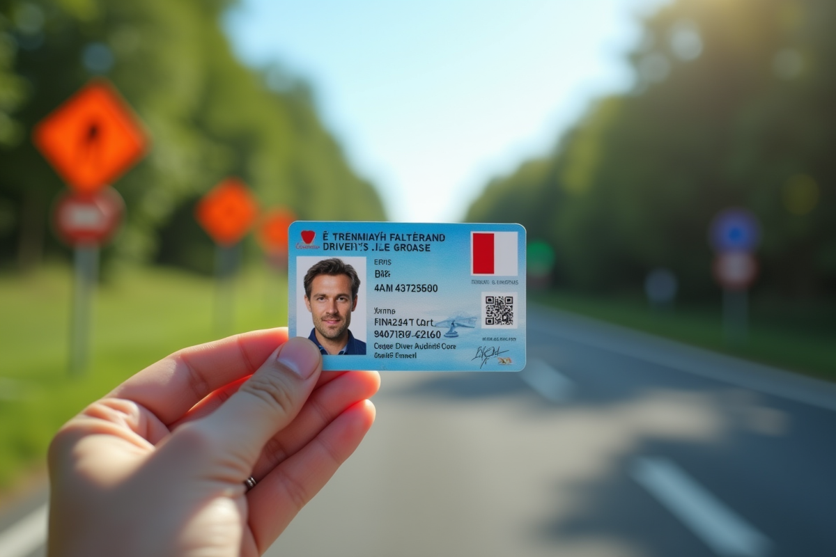 Main tenant un permis de conduire avec panneaux routiers en arrière-plan
